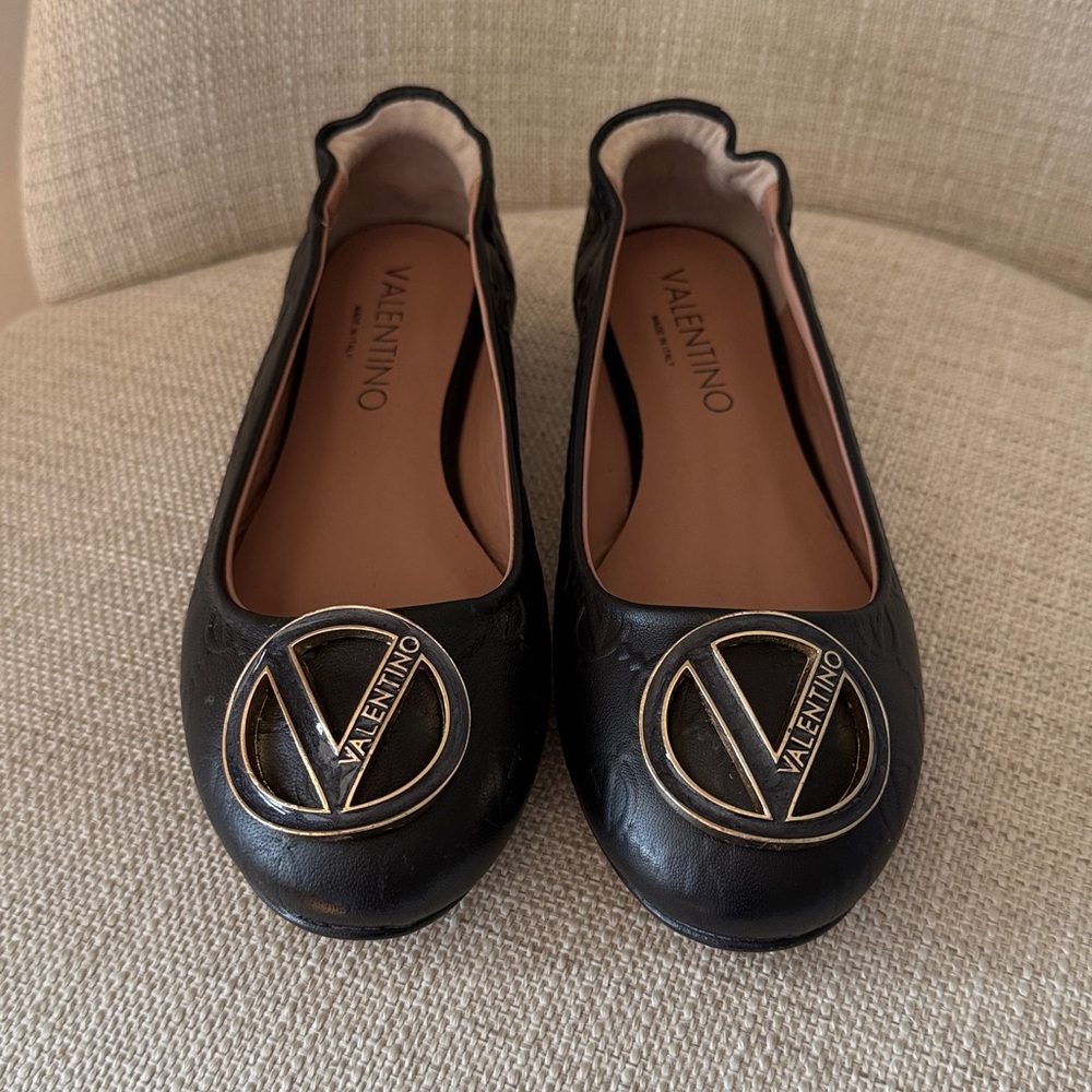 Valentino Black Ballet Flats with Gold Logo